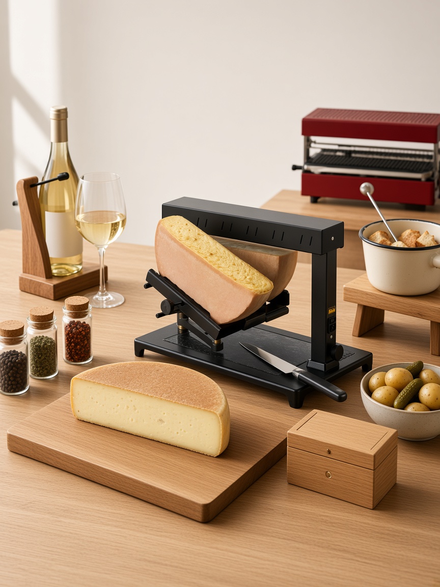 Shop assortment: raclette cheese on a grill, spices, wine, fondue and wooden pieces